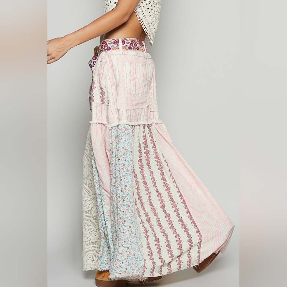 033 POL The Moonveil Patchwork Maxi Skirt - Pink and Cream - Picture 2 of 5